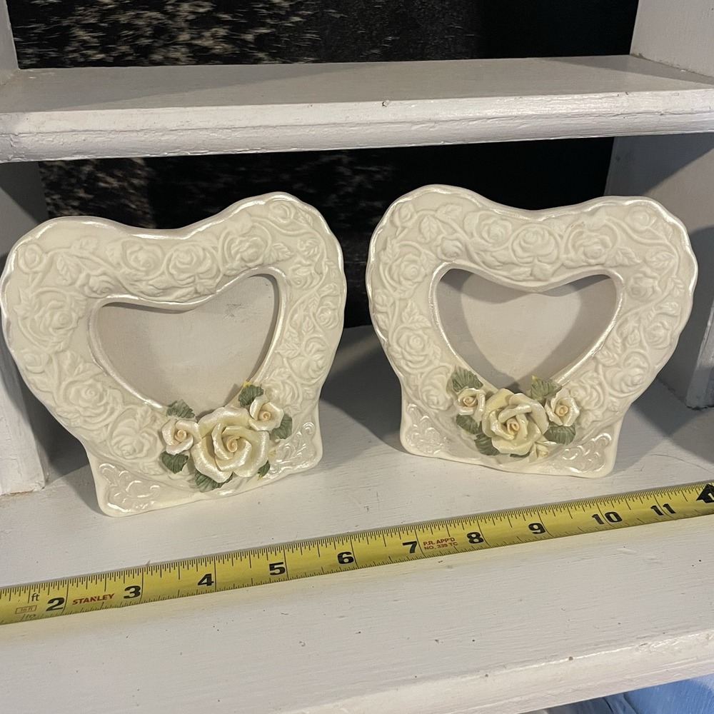 Vintage Yellow Rose Set Of 2 Picture Frames Bone China? Heart Shaped